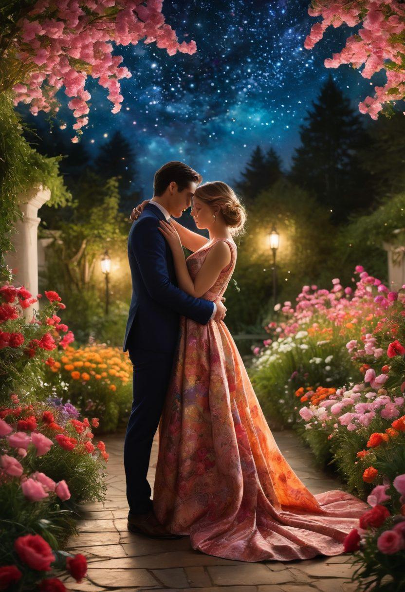 A romantic scene depicting a couple engaged in a passionate embrace under a starlit sky, surrounded by blooming flowers symbolizing desire and connection. Soft, warm lighting enhances the intimacy while shadows hint at the complexity of their relationship. Artistic flourishes including swirling patterns around them suggest themes of deviance and adventure. elegant, dreamy ambiance. vibrant colors. painting.
