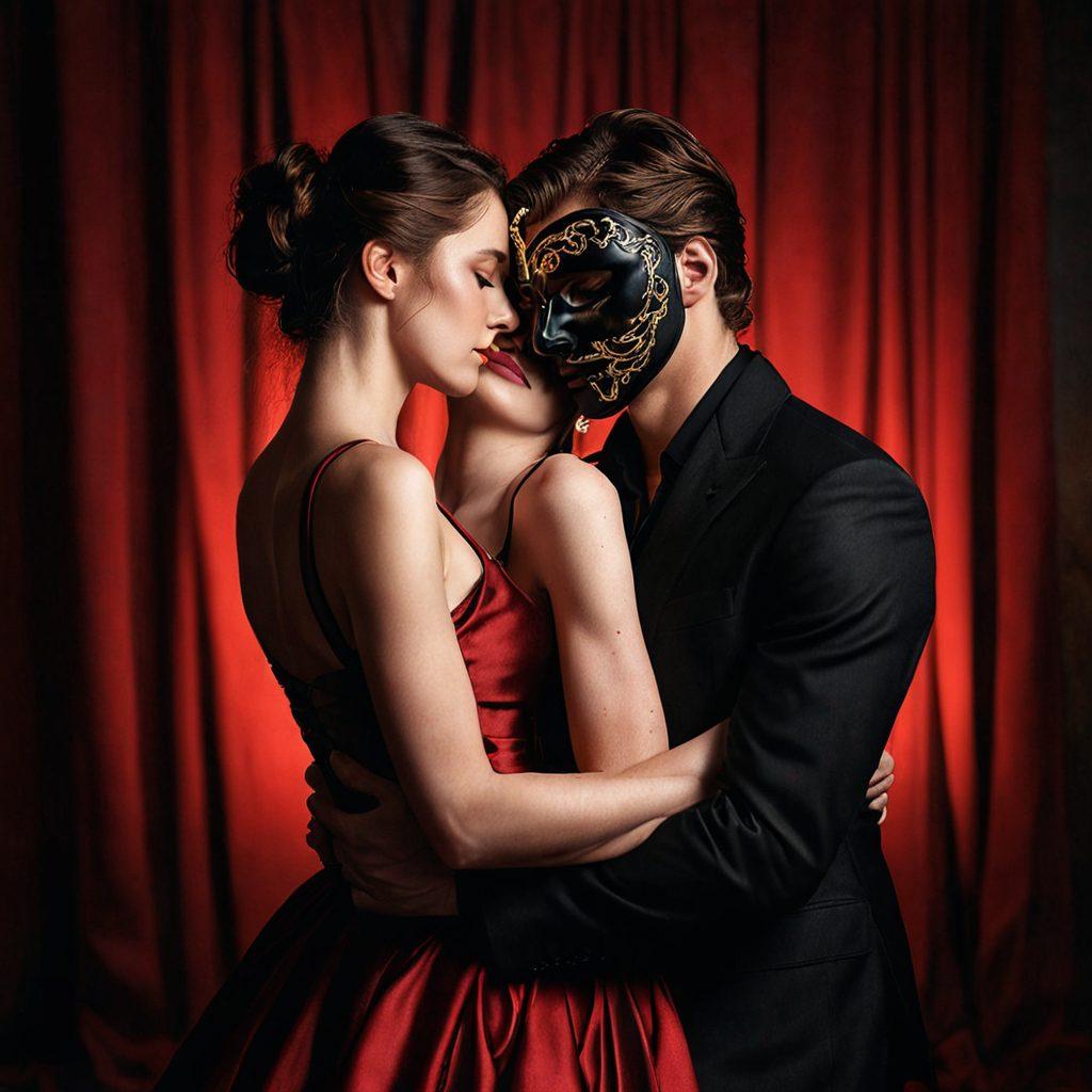 A captivating scene of an elegant couple entwined in passionate embrace, surrounded by rich crimson and deep black tones. Subtle elements of kink are interwoven, such as silk ropes and playful masks, set against a softly lit atmosphere. The couple's expressions convey intense desire and connection, inviting viewers into a world of romance and exploration. Emphasize textures and details for an immersive experience. super-realistic. warm tones. soft focus.